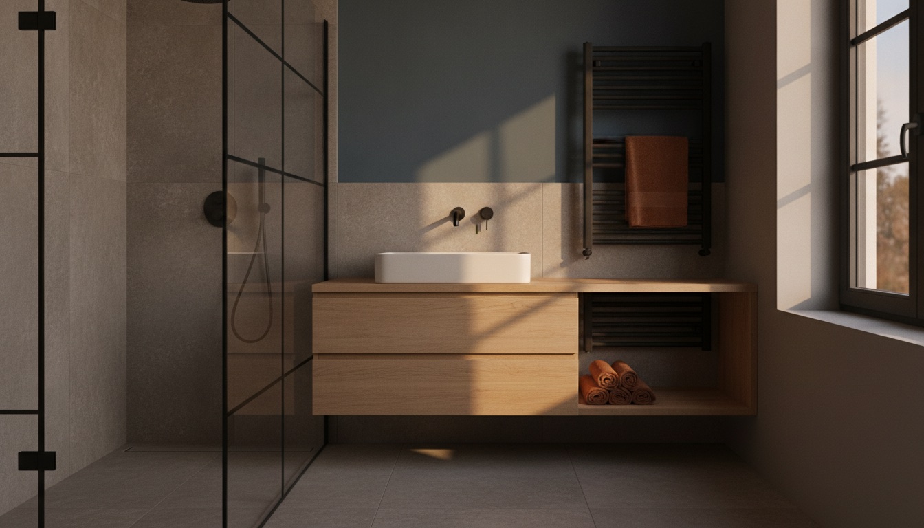Moderne badkamer met ligbad, wastafel en hoogwaardige afwerking in hout en natuursteen