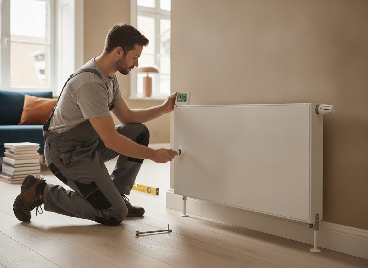 Chauffagist met werkhandschoenen installeert een leidingaansluiting op een nieuwe radiator
