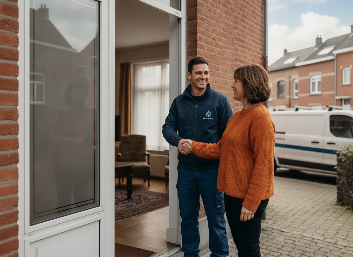 Vakman in werkkledij geeft een klant een handdruk na een geslaagde interventie