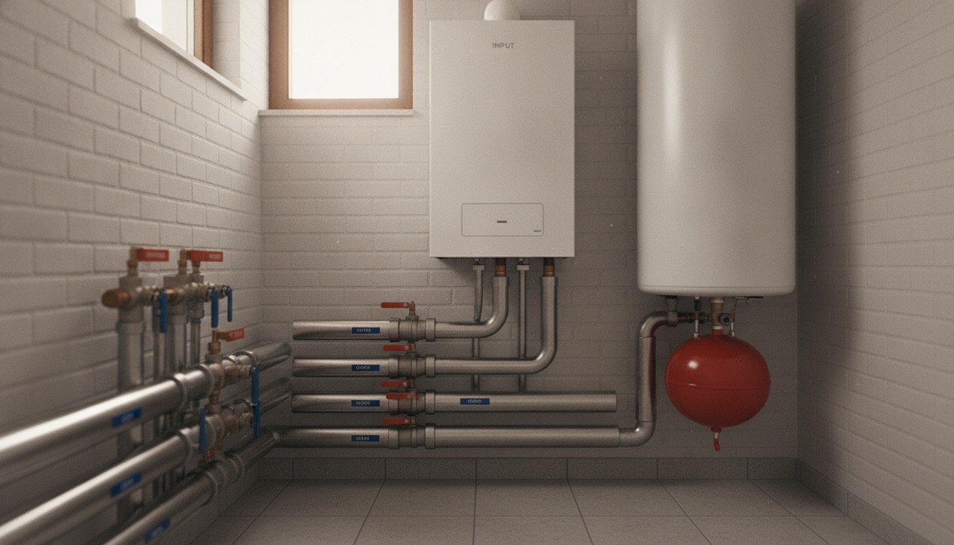 Propere stookruimte met moderne warmtepomp, buffervaten en geïsoleerde leidingen