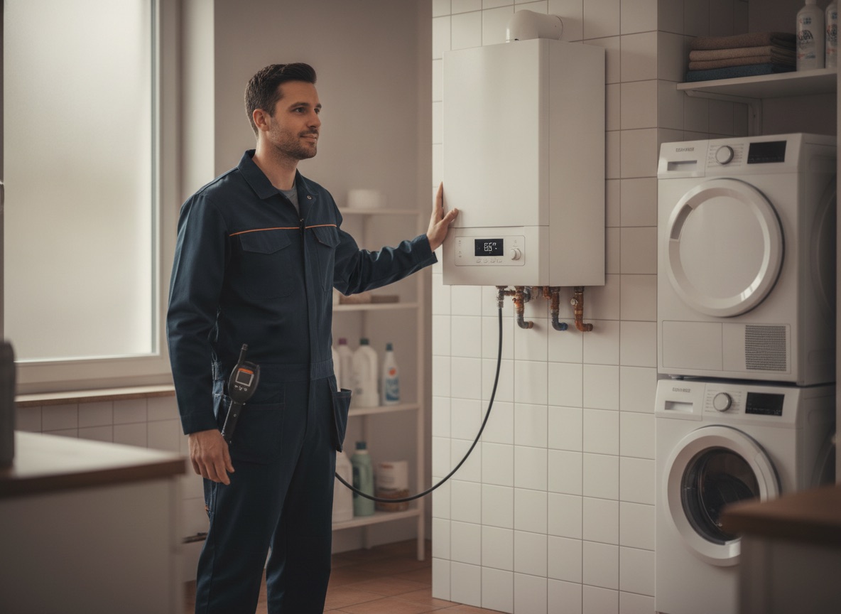 Professionele verwarmingstechnicus aan het werk aan een wandketel met open frontpaneel