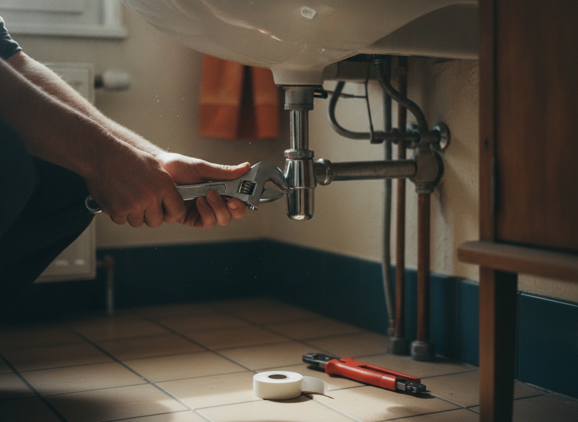 Loodgieter monteert chromen buiskoppelingen en sanitaire leidingen tijdens een installatie